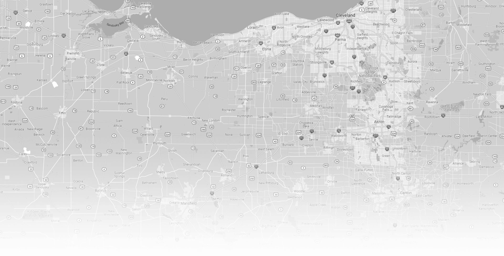 Area map background of Mansfield and Cleveland, Ohio.