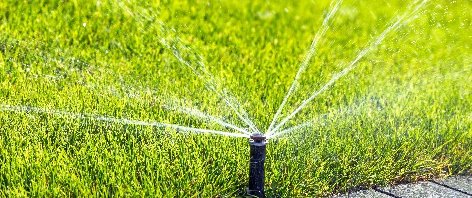 Sprinkler head watering a lawn in Mansfield, OH.