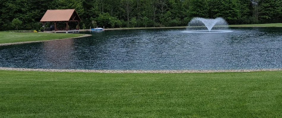 Healthy fertilized lawn by a lake in Rocky River, OH.